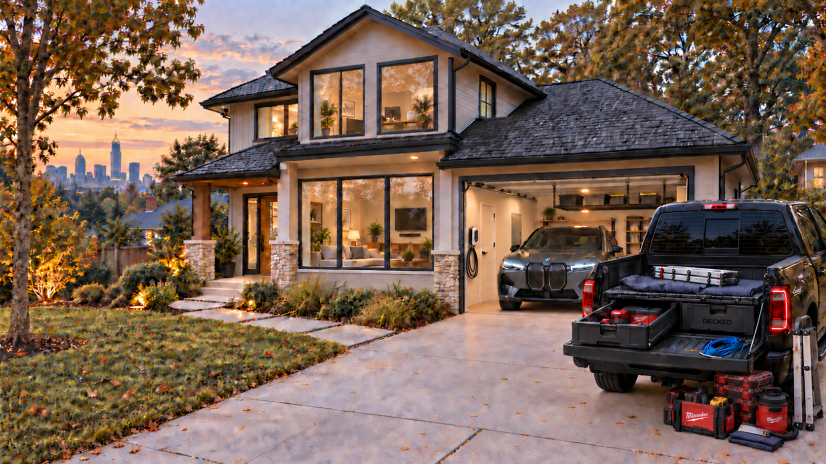 Illustration of an Atlanta home with EV charging, security camera, garage storage and the Keles Home Services truck